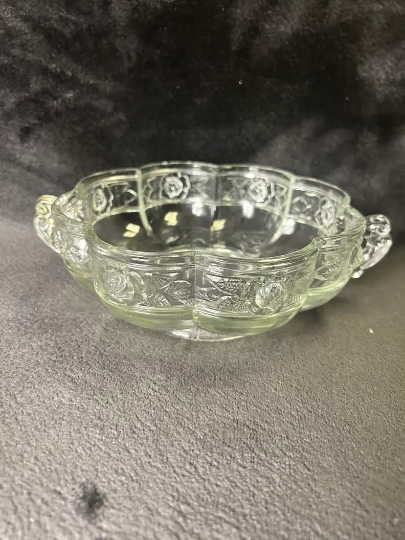 Vintage Jeanette Glass Aztec Rose Footed Double Handle Candy Dish 1950’s