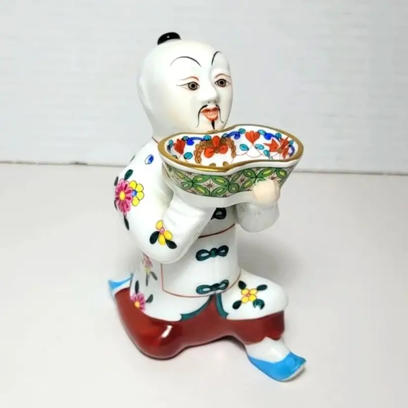 Vintage HEREND Figurine Chinese Mandarin Kneeling Man Salt Bearer Cellar Medium