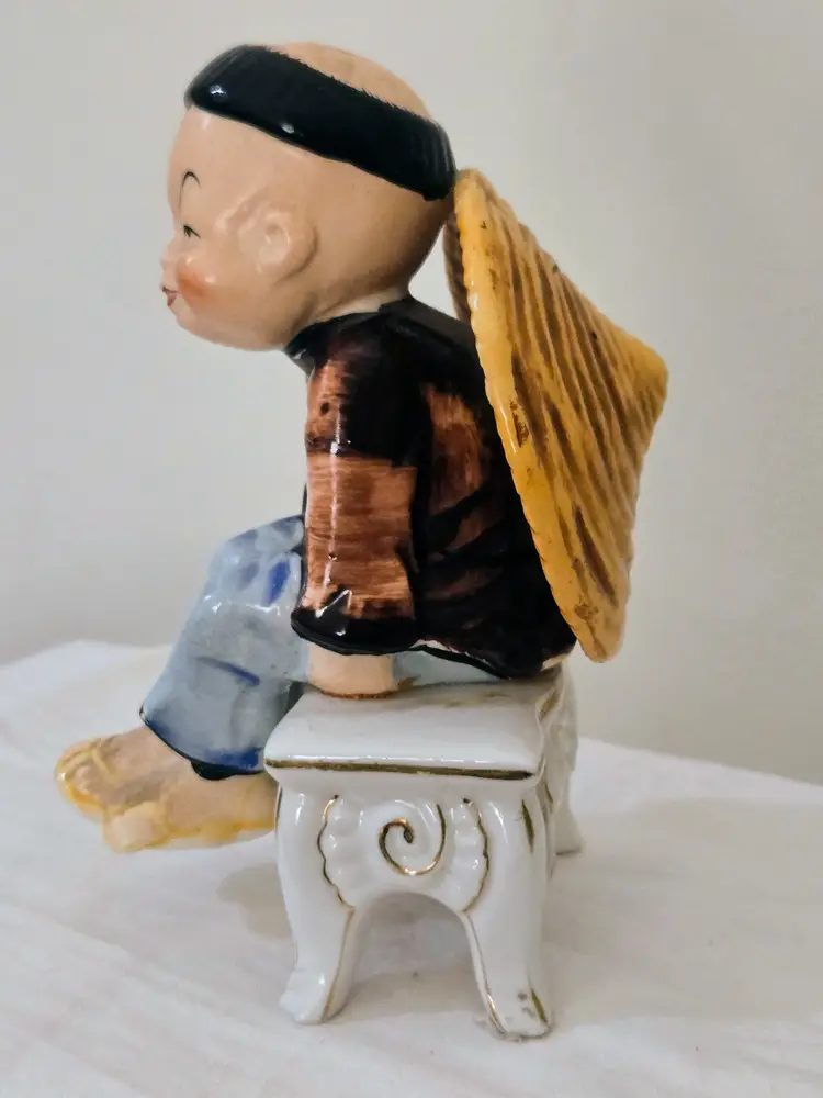 RARE Vintage Porcelain Figurine Made in Occupied Japan - Asian boy on a bench