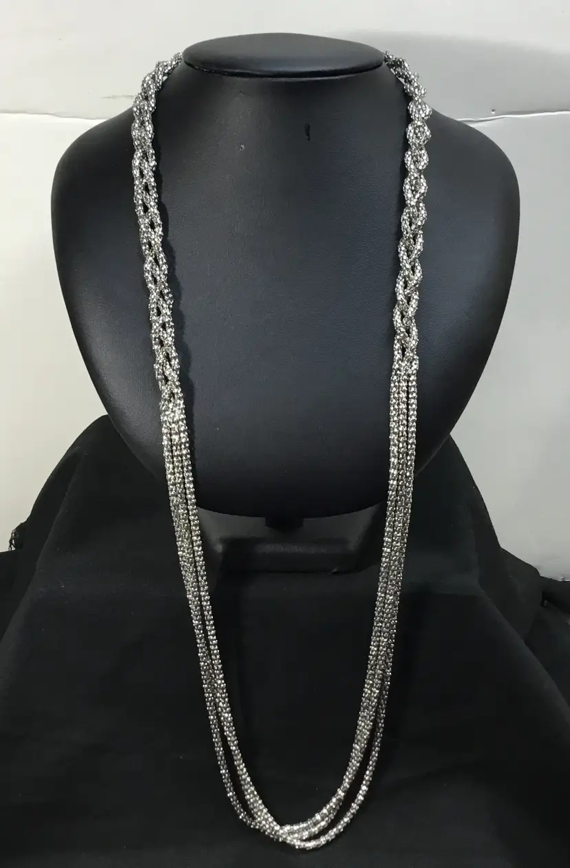 Necklace, lovely silver tone popcorn mesh, partially braided, 32"