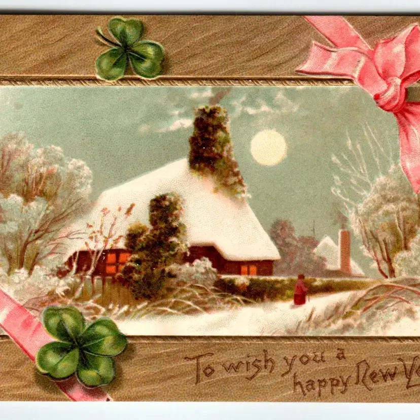 New Year Postcard Snow Covered Country Home Moon Clovers Trees Embossed Germany