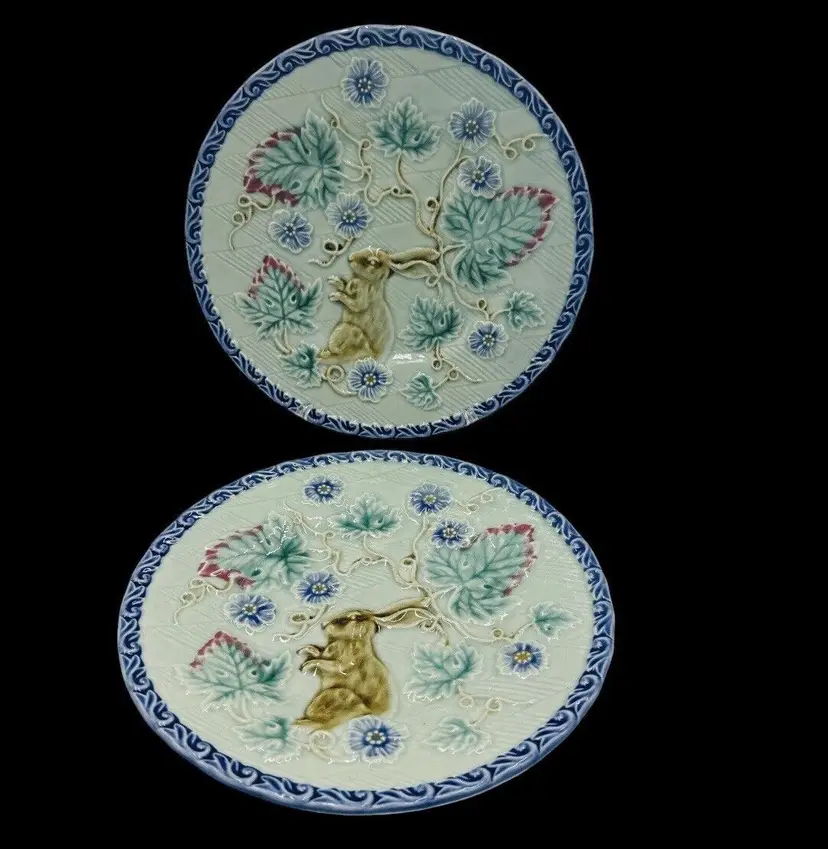Pottery Barn Plates Majolica Bunny Rabbit Dessert 8” Set of 2 Floral Embossed