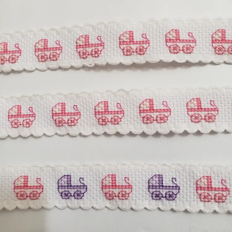 New Lot of 3 baby carriage themed cross-stitch Ribband pieces pink/purple