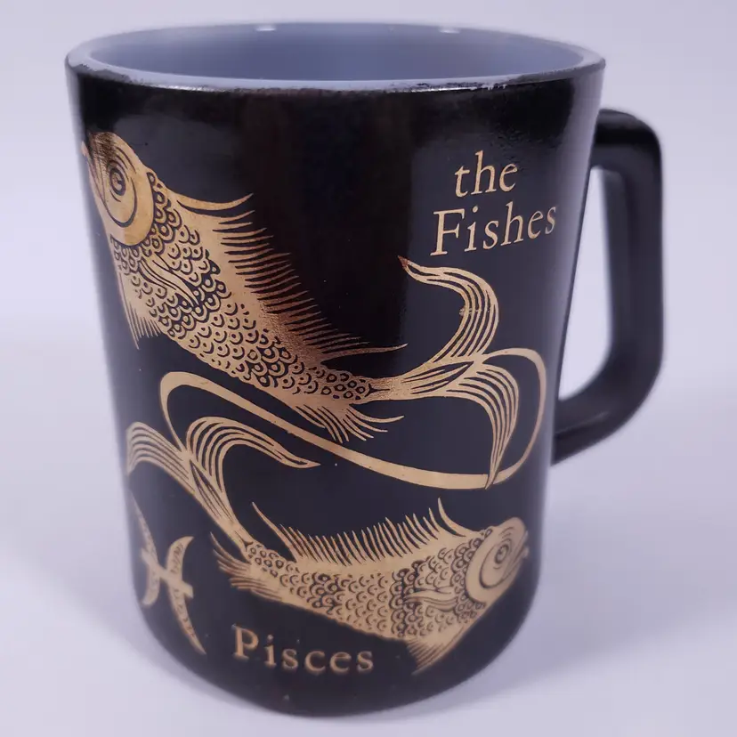 Vintage FEDERAL GLASS Pisces The Fishes Zodiac Black Gold Milk Glass COFFEE MUG