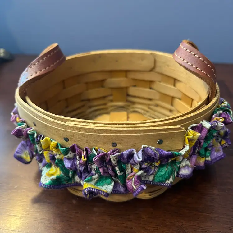Longaberger 2003 Saffron Booking Basket w Leather Handle loops woven wood basket with decorative fabric trim. 5.5” Wide 2.5” Tall