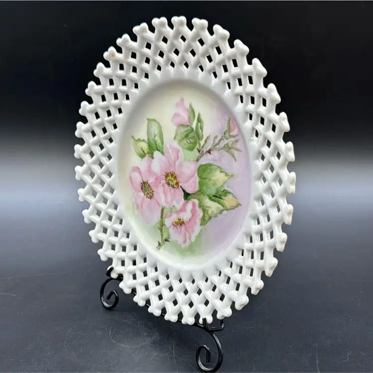 Lefton China lattice plate, hand painted with pink floral