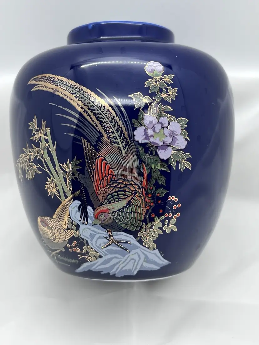 #1041-B Vintage Ceramic Cobalt Blue Japanese Ginger Jar Shaped Vase with Bird and Floral Motif