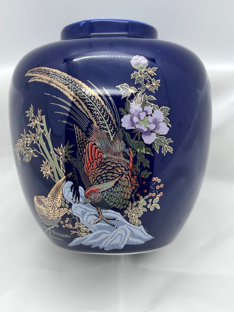 Vintage Ceramic Cobalt Blue Japanese Ginger Jar Shaped Vase with Bird