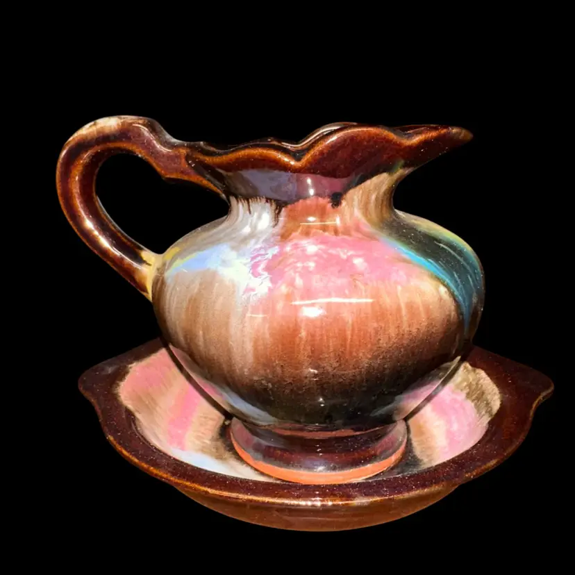 Vintage Brinn’s Redware Drip Glaze Small Pitcher & Bowl Set