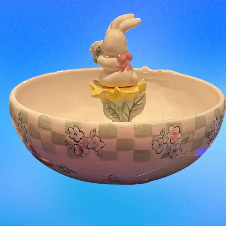 Palm Tree Company Decorative Ceramic Bunny Easter Bowl With Bunny On Flower