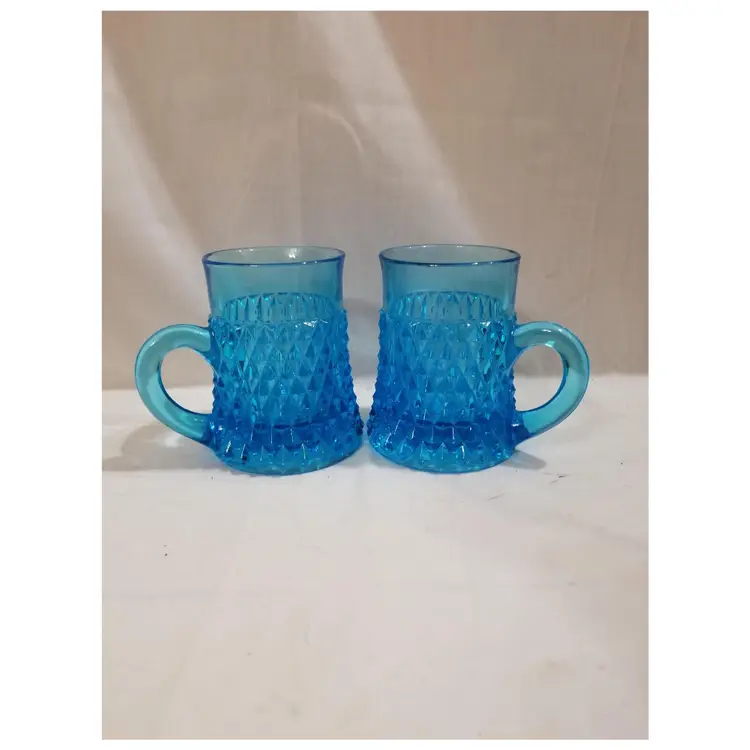 Vintage Indiana Glass Tiara Blue Diamont Point Mugs
