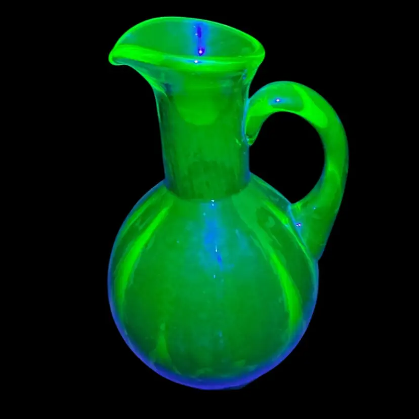 Blown Glass Green  5” Mini Glass Pitcher Vase Glows under a UV Light