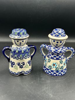 Vintage Polish Boleslawiec Pottery, Salt And Pepper, Shakers, Blue, And White Different Patterns