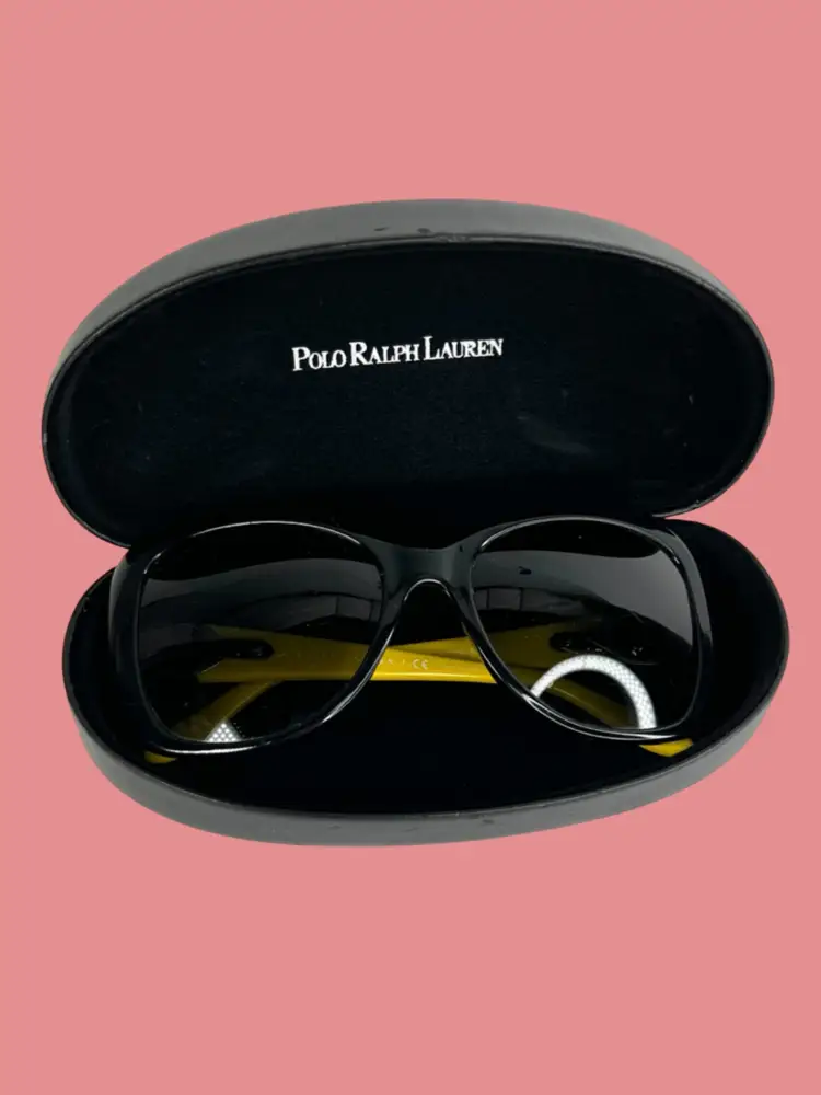 Ralph Lauren Black & Yellow Over-size Sunglasses. Black Leather Protective Case. *See Condition *