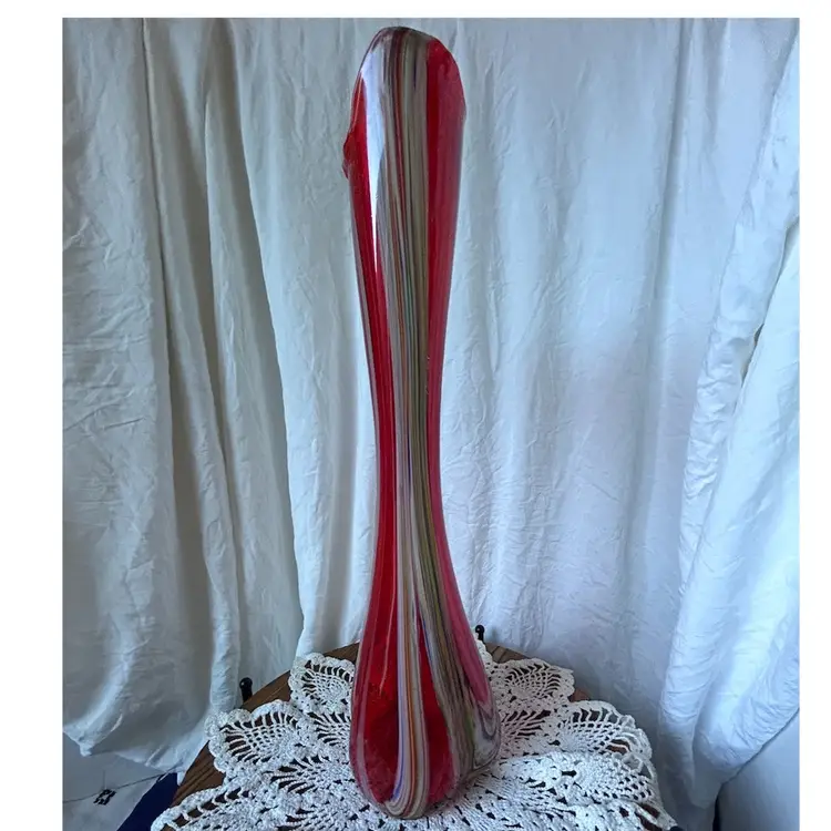 Vintage Red Multi Swirl Hand Blown Glass Vase 14.5” Tall 
