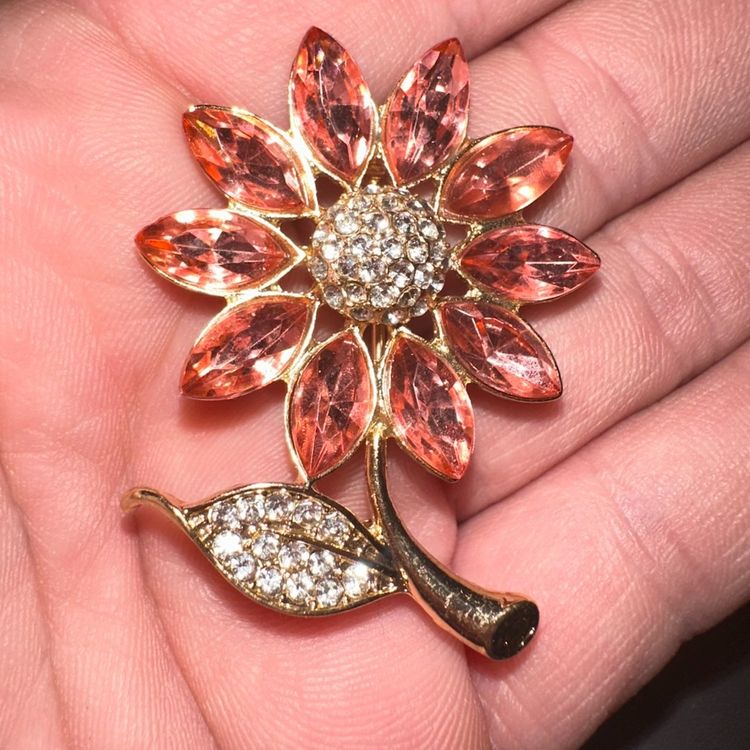 Vintage Gold Tone Pink & Clear Rhinestone Flower Brooch