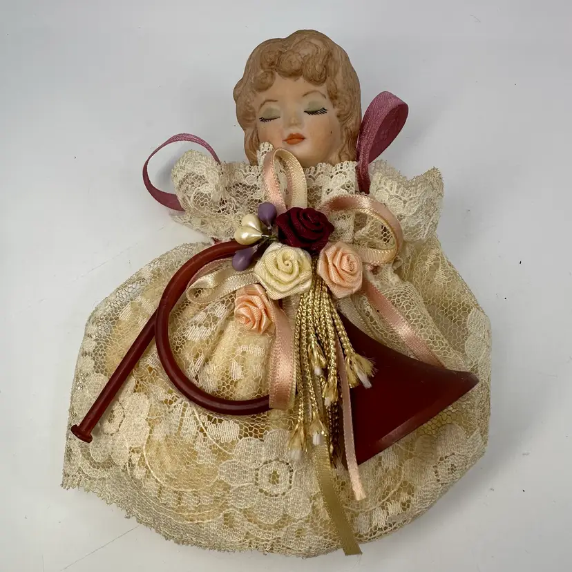 Vintage Victorian Lace & Porcelain Angel Ornament Hanging Satchel
