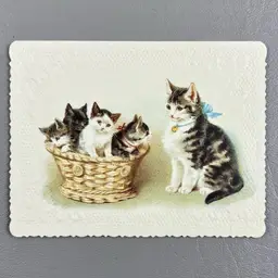 Vintage Hallmark Greeting Card Historical Collection Cat Kittens Basket Embossed