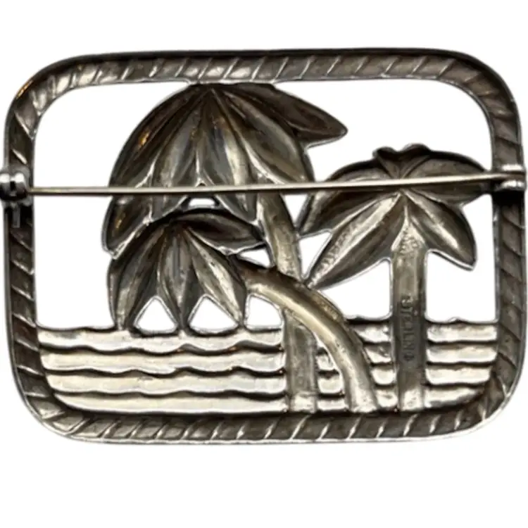 Vintage Sterling Silver 925 Palm Trees And Ocean Brooch, Textured Detail