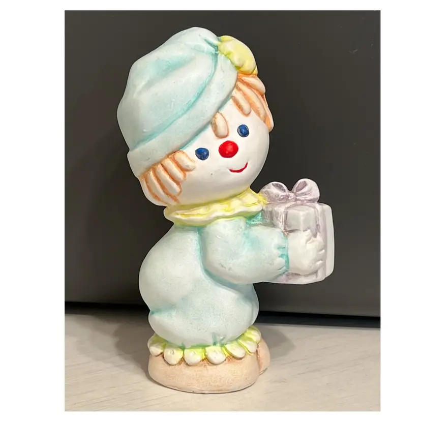 Handmade Ceramic Pottery Clown in Nightgown Holding Gift Box Figurine 4.8 in Height 1986