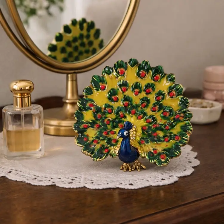 Vintage Jeweled Peacock Trinket Box | Enamel Bird Ring Box with Rhinestones (Green Trim)