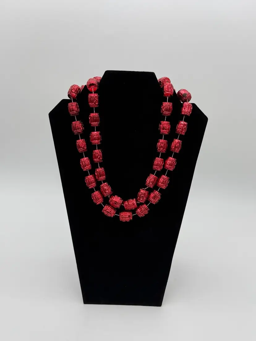 Vintage Red Metallic Chunky Krewe Of Bacchus Barrel Mardi Gras Necklace 40”