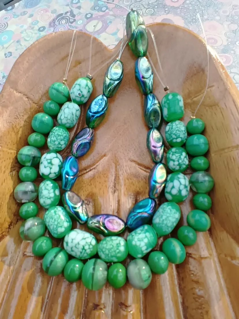 Bundle of Green Vintage Czech Glass Beads Including Milk Glass.