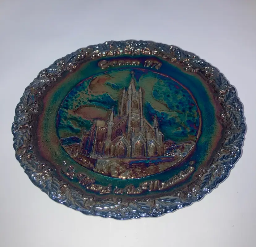 Vintage Fenton Iridescent Carnival Glass “St. Mary's in the Mountain” Christmas 1973 8” Plate! Embossed!
