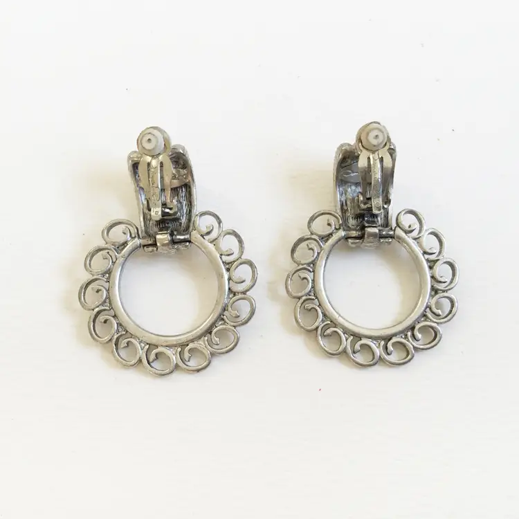 Oscar de la Renta Silver Tone Door Knocker Spiral Hoops Runway Clip-On Earrings