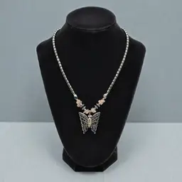 Hematite Carved Butterfly Pendant Quartz Chips Cylinder Hematite Beads Necklace