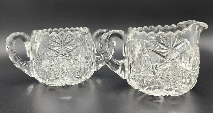 Antique American Brilliant Cut Glass Clear Star Pattern Cream & Sugar Set NWOT