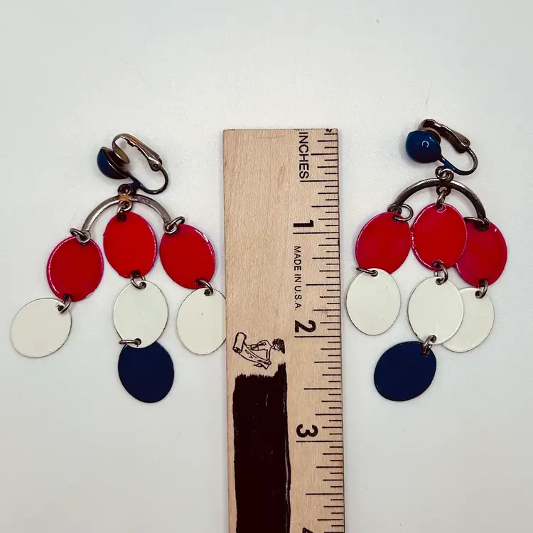 Vintage Earrings Red White Blue Enamel Dangle MCM Mod Chandelier Mobile Clip On