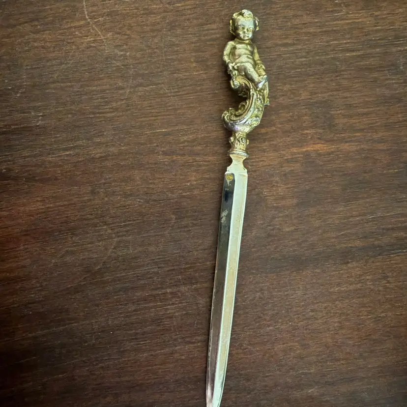 Vintage Antique Art Deco Boy Silver Figural Fancy Letter Opener Desk Paper Knife