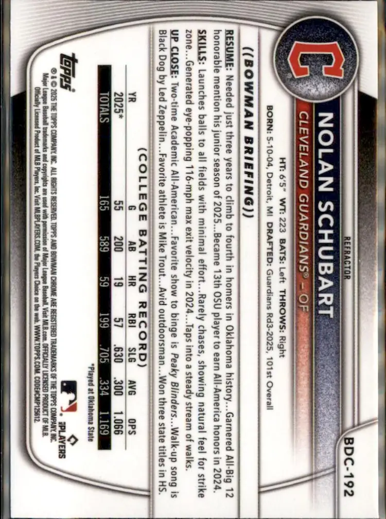 2025 Bowman Draft #BDC-192 Nolan Schubart Chrome Refractor - (138) - Cleveland Guardians