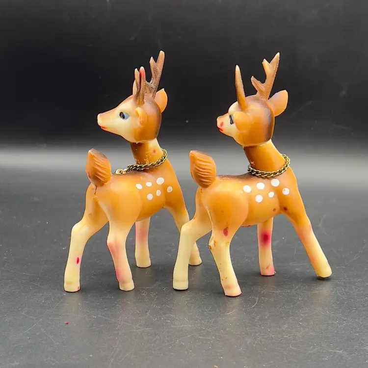 50s Plastic Reindeer with Bell Swivel Head Set Of 2 JAPAN 5" tall