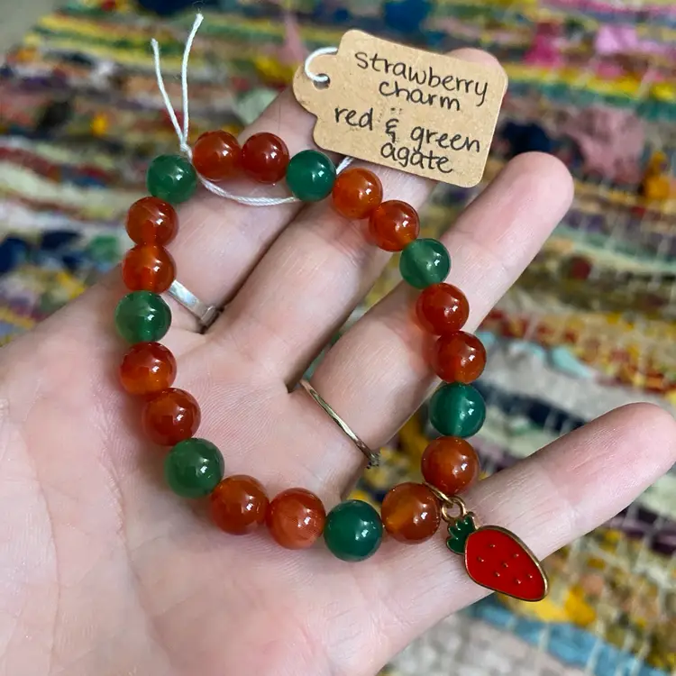 Strawberry Charm Bracelet 6” (small Wrist Size) Red Agate & Green Agate 