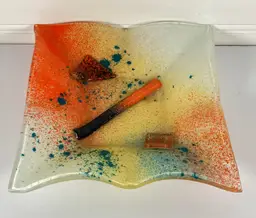 Stunning Bright Fused Art Glass Trinket Dish Ashtray Square 5.5 inch Handmade