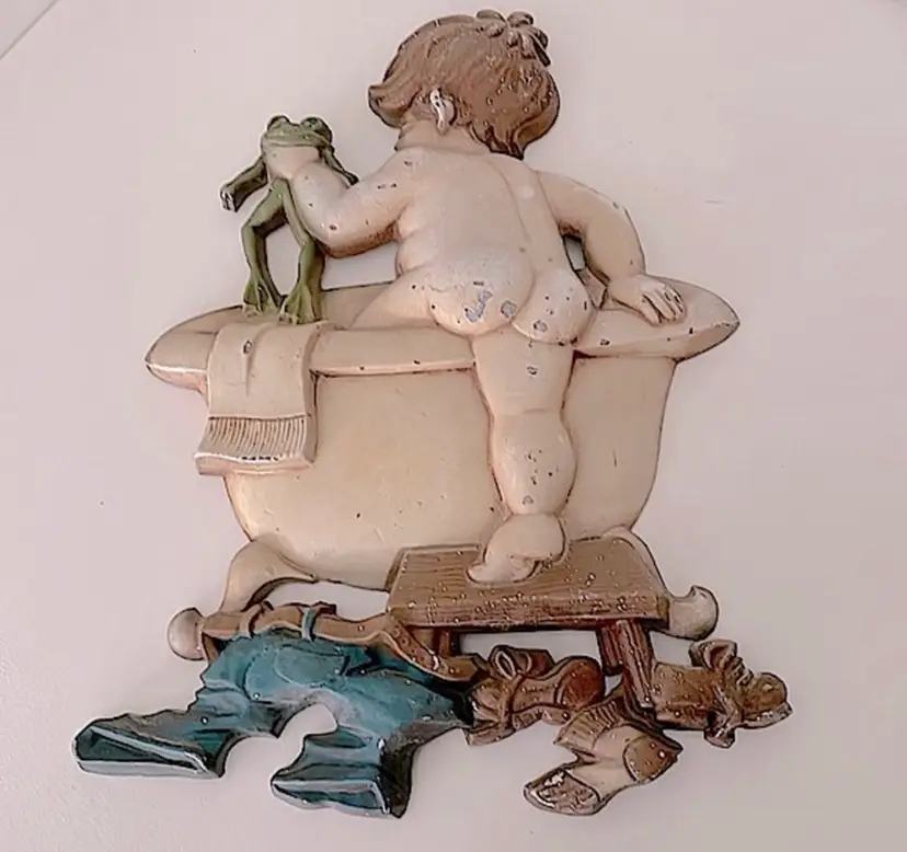 Vintage Sexton metal plaque, marked 1970, USA 1215. Little boy and his FROG!