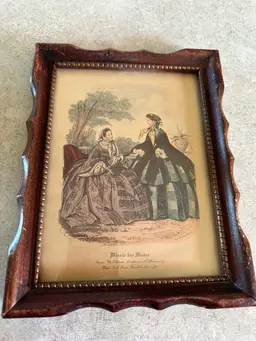Framed fashion print titled 'Miroir des Modes' from Paris fashion publication. Vintage
