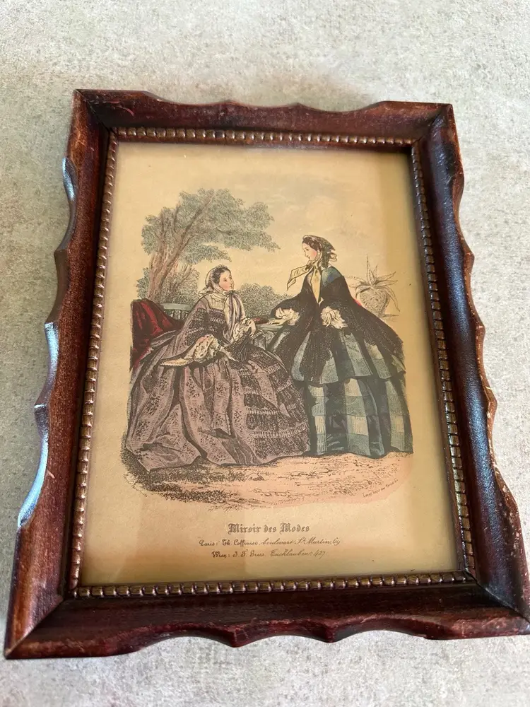 Framed fashion print titled 'Miroir des Modes' from Paris fashion publication. Vintage