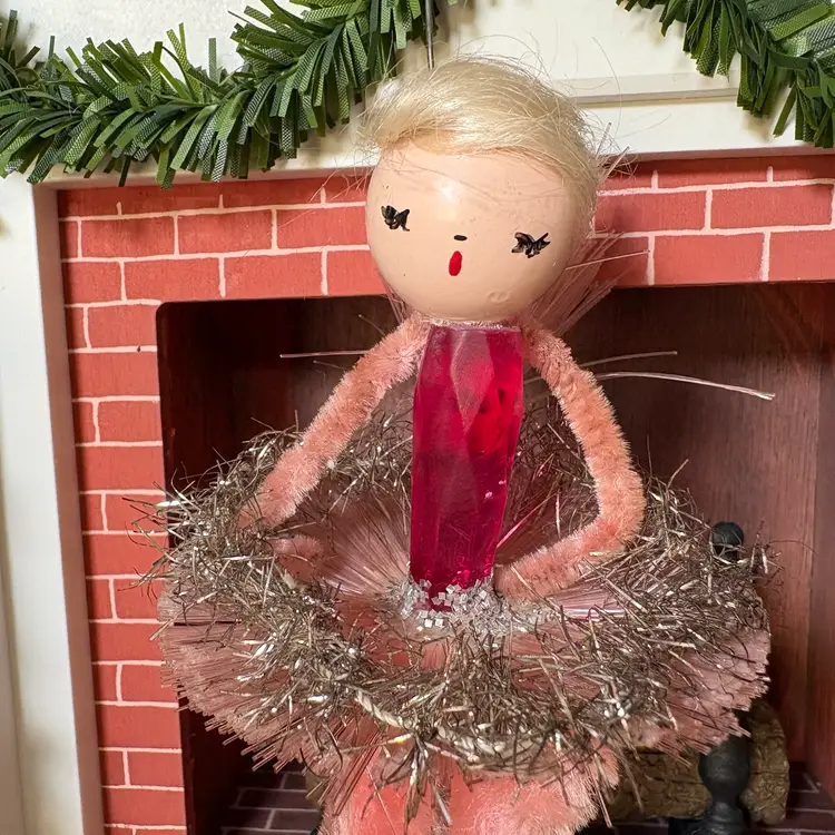 Vintage Christmas Blush Pink Bump Chenille Angel Ornament