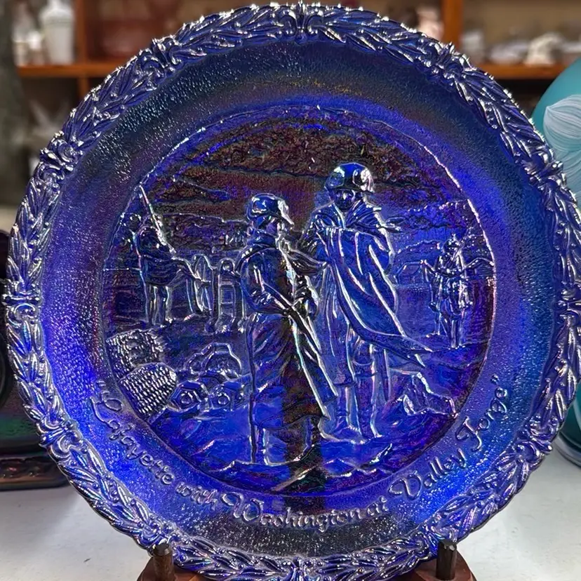 Fenton Blue Carnival Glass Plate Lafayette with Washington on Valley Forge