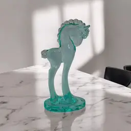 Vintage Aqua Glass Trojan Horse Figurine • UV Reactive Glow Glass • Marked M Mosser Pony • Mid Century Collectible Art Glass Horse Décor