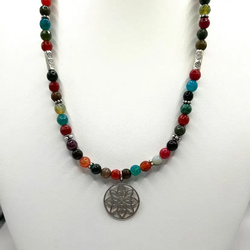 Multi Colored Faceted Agate Beaded Necklace Made By Me With Sterling Mandala Pendant
