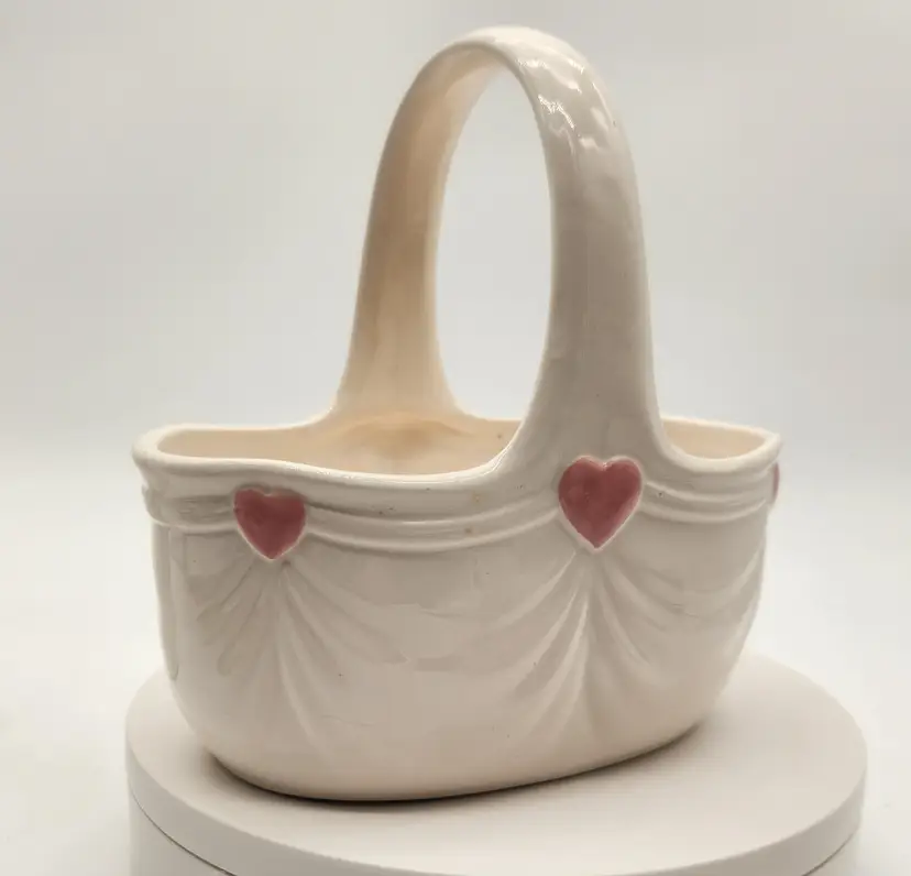 Vintage 1985 FTDA Ceramic Heart Basket Planter White Pink Japan Cottagecore Chic