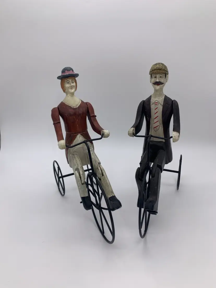 Vtg. Antique Rustic European Wood Carved Folk Art Couple Riding Tricycle’s 11”