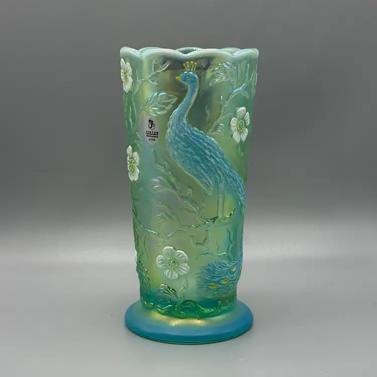 Fenton Opalescent Willow Green Glass Peacock Vase Painted Iridescent Scalloped Rim