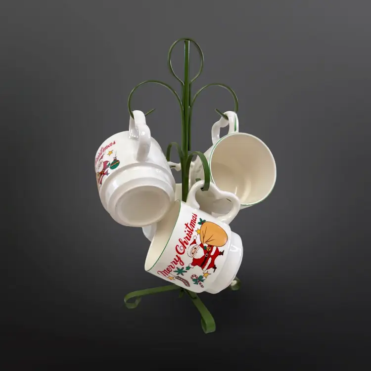 Vintage Set Of 4 Ceramic Merry Christmas Stacking Mugs With Green Metal Mug Tree