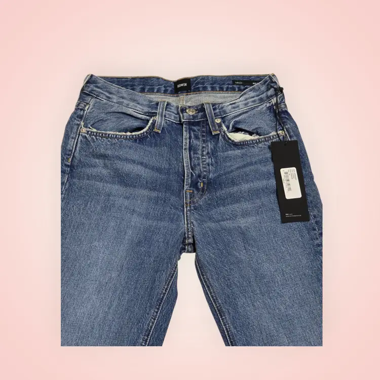 Edwin Flare Jeans Blue Distressed Chrissy Wide Flare Bootcut Womens Size 24 New