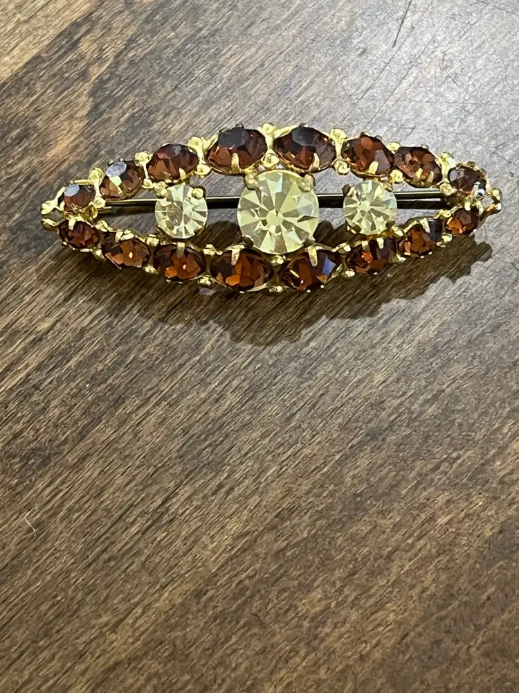 Vintage Goldtone Rootbeer & Yellow Faceted Glass Brooch